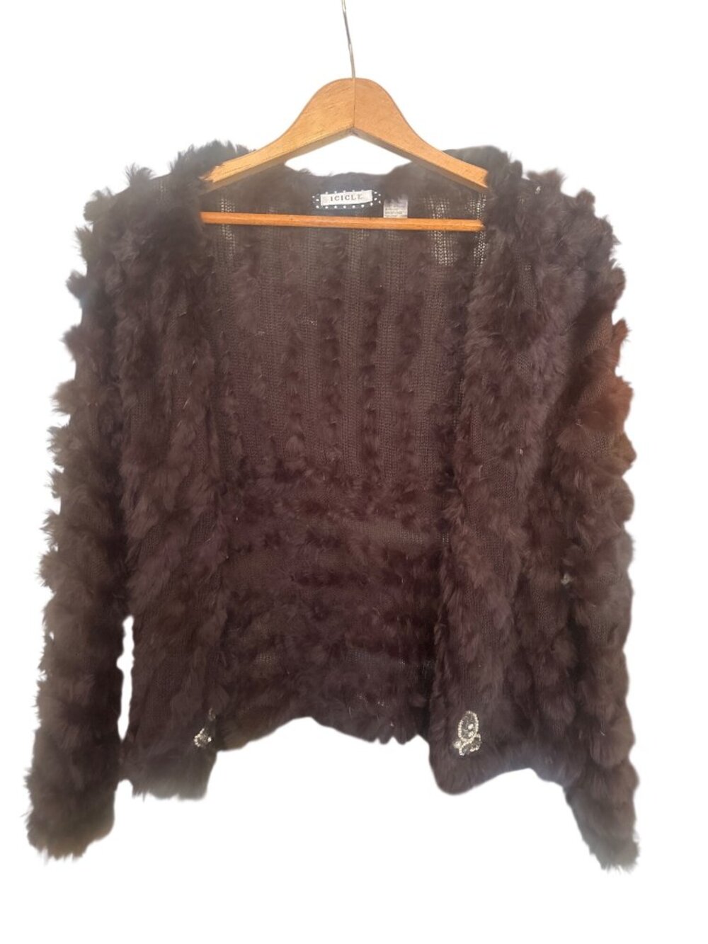 ICICLE Luxury Genuine Knitted Rabbit Fur Cardigan Jacket Shrug Brown Med EUC